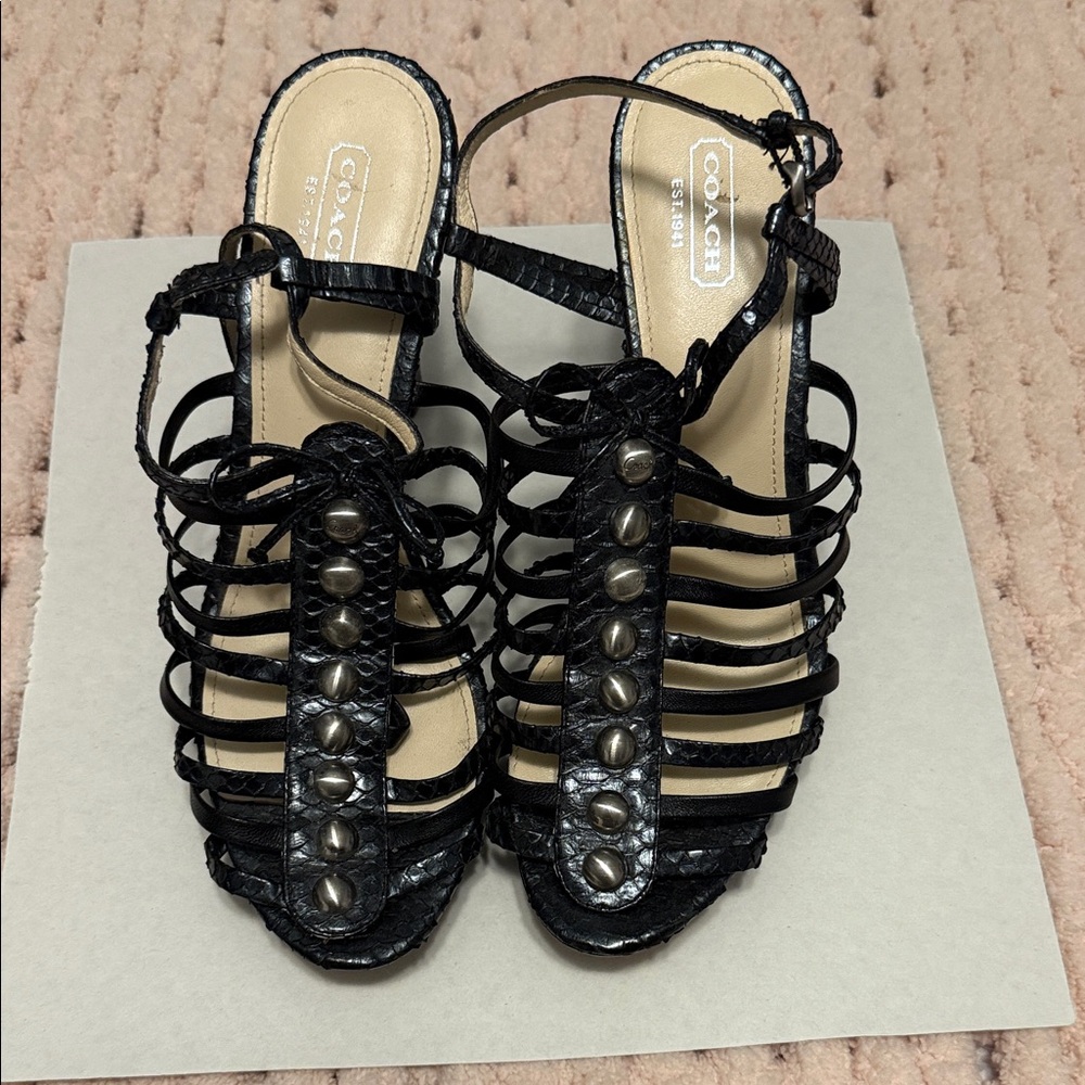 Coach Black Strappy Sandals with Silver Accents